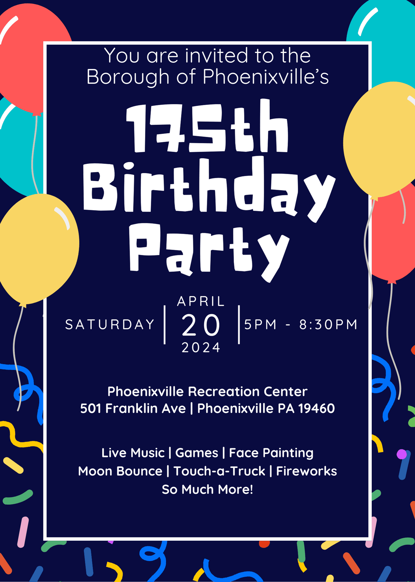 Flyer for Borough of Phoenixville's 175 Birthday Party